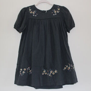 NWT Bonpoint Brode Main Girls Elsa Puff Sleeve Dress Gray Embroidered Flowers 12